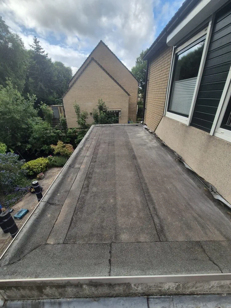 Plat dak van een woning naast de gevel, met zicht op het omliggende groen.
