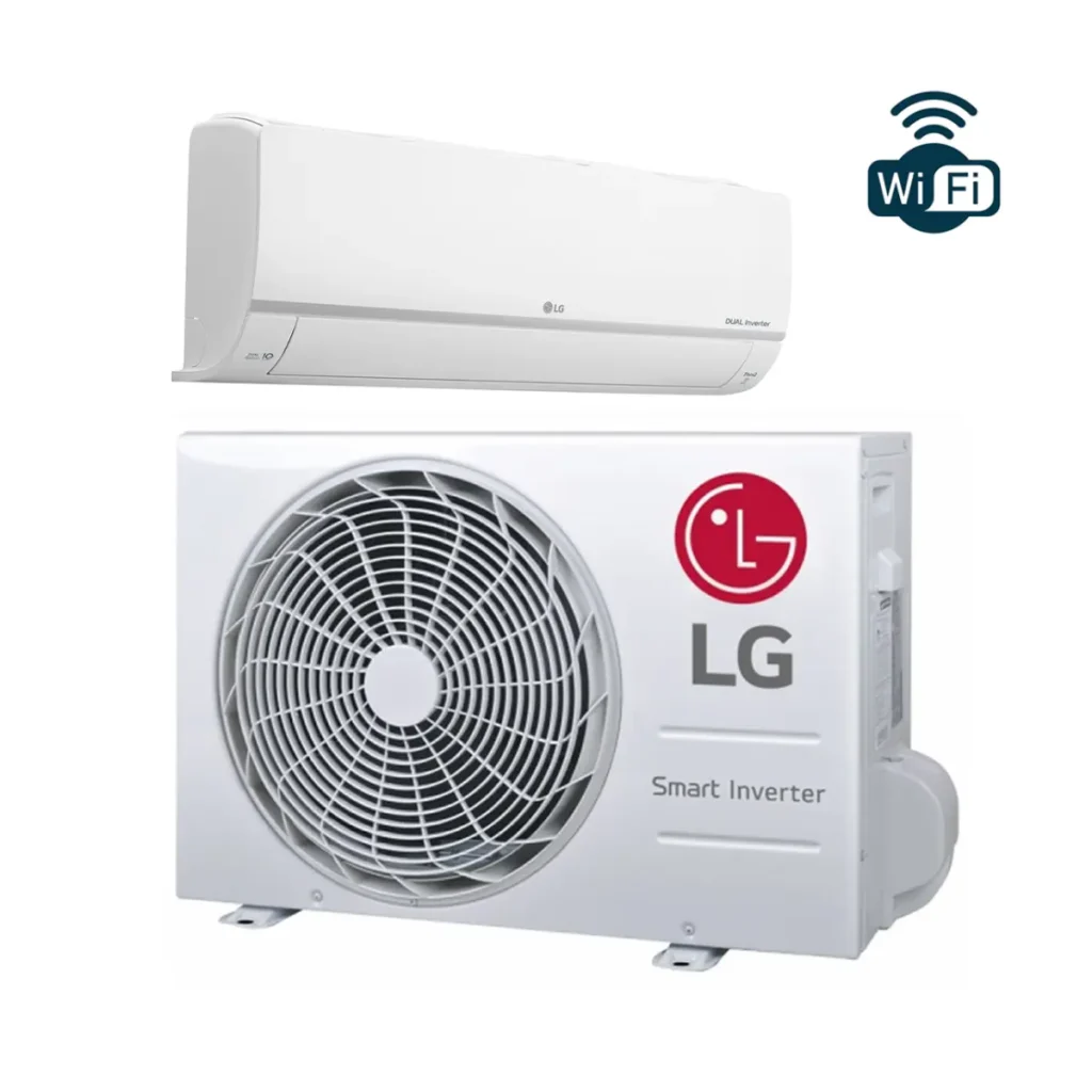 LG DUALCOOL Standard Plus airconditioner met witte binnen- en buitenunit.
